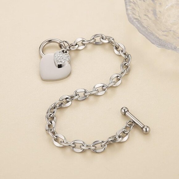 Stainless Steel Heart Bracelet Silver Rose Gold 17cm Toggle Link Jewelry - Picture 4 of 6